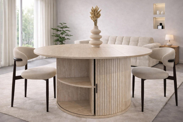 Table à manger - Extensible - Effet travertin - rangements intégrés - Ronde - Leon