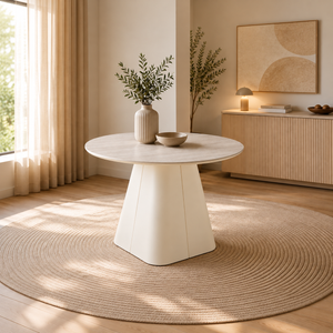 Table à manger ronde - 120 cm - Lunéa avec plateau MDF mélaminé et pied métal blanc cassé