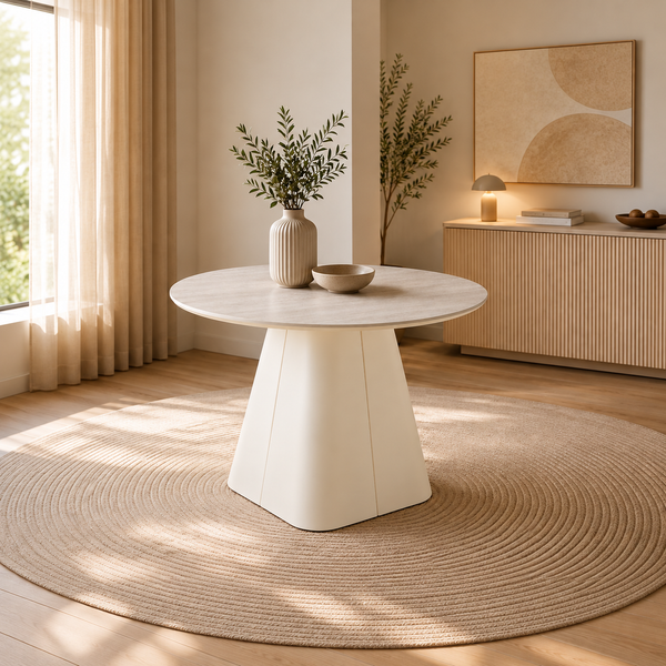 Table à manger ronde - 120 cm - Lunéa avec plateau MDF mélaminé et pied métal blanc cassé