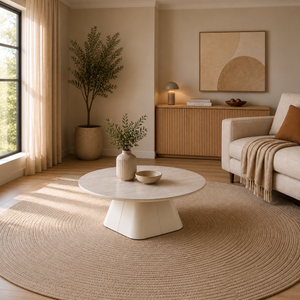 Table basse ronde - 90 cm - Lunéa avec plateau MDF mélaminé et pied métal blanc cassé