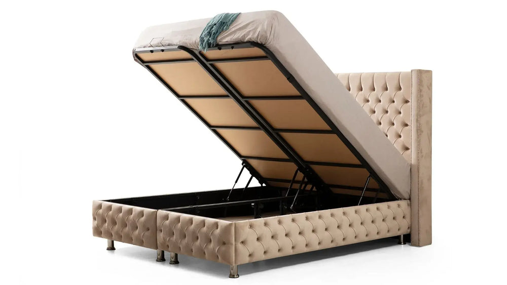 Lit coffre - Beige - Clouté