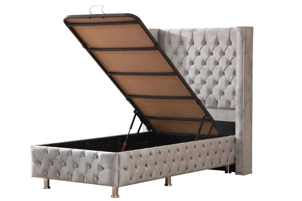 Lit Coffre - 1 place - Gris - Clouté