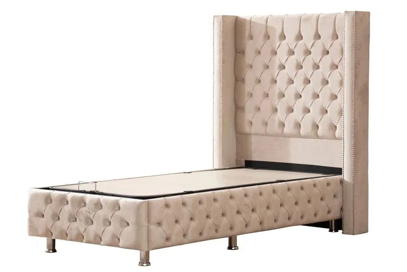 Lit Coffre - 1 place - Beige - Clouté